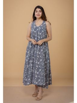 The Indian Ethnic Co. - Tashi Grey Dabu Cotton A Line Dress