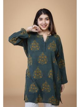 The Indian Ethnic Co. - Veda Green Ajrakh Crush Cotton A Line Kurta