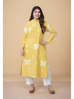 The Indian Ethnic Co. - Azha Yellow Dabu Slub Cotton Straight Kurta