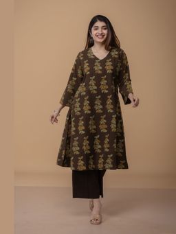 The Indian Ethnic Co. - Sayali Brown Ajrakh Cotton A Line Kurta