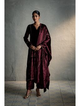 Charkhee - Brown Velvet Straight Kurta with Pant and Dupatta