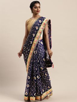 Vastranand - Navy Blue & Golden Printed Bandhani Saree with Unstitched Blouse