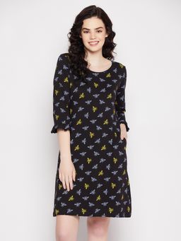 Clovia - Dragonfly Print Short Night Dress With Pocket Black