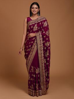 Koskii - Wine Zari Work Georgette Saree with Unstitched Blouse