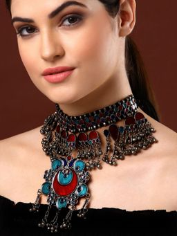 Moedbuille - Handcrafted Meenakari Work Tribal Tasselled Design Oxidised Silver Plated Afghan Choker