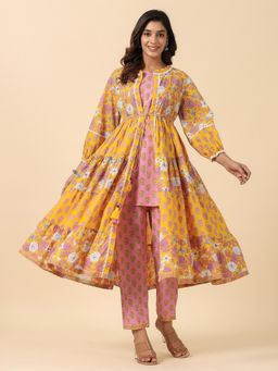 SAVI - Yellow and Pink Floral Cotton Top & Pant with Shrug (Set of 3)