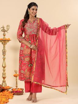 SAVI - Coral Red Embroidered Chanderi Festive Kurta & Pant with Dupatta (Set of 3)