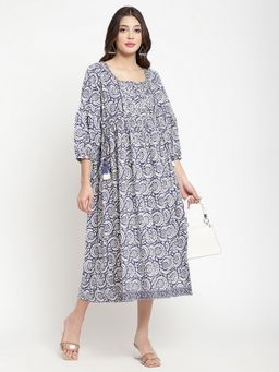 SAVI - Navy Blue Cotton Printed Tie Up Flared Dress