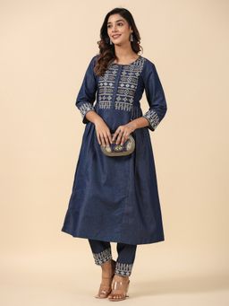 SAVI - Dark Blue Embroidered A-Line Designer Kurta with Pant (Set of 2)
