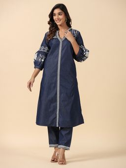 SAVI - Embroidered Denim Kurta with Pant (Set of 2)