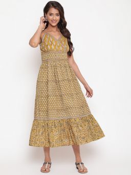 SAVI - Mustard Yellow Cotton Printed Strappy Flared Dress