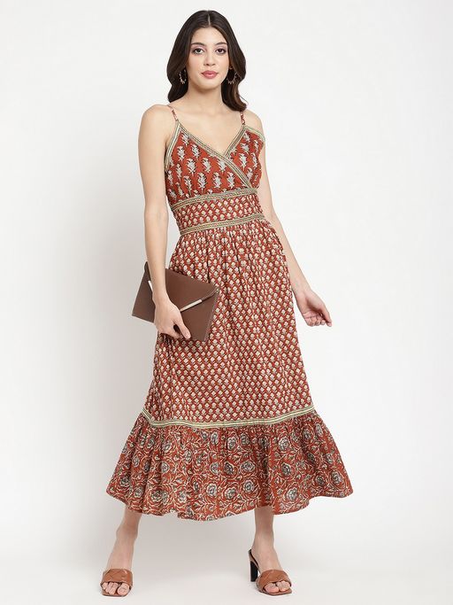 Buy SAVI Rust Cotton Printed Strappy Flared Dress Online