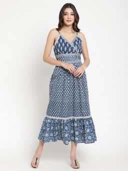 SAVI - Navy Blue Cotton Printed Strappy Flared Dress