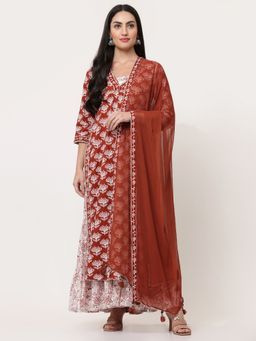 SAVI - Rust Block Printed Layered Kurta with Tiered Inner & Dupatta (Set of 3)