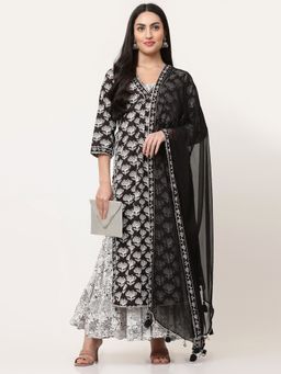 SAVI - Black Block Printed Layered Kurta with Tiered Inner & Dupatta (Set of 3)