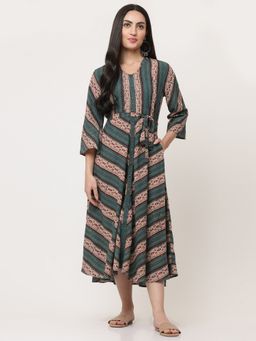 SAVI - Green Cotton Printed Tie Up Dress (Set of 2)