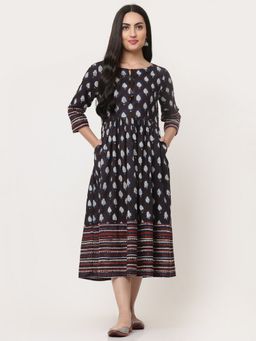 SAVI - Brown Cotton Bagru Printed Gathered Dress