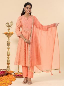 SAVI - Peach Designer Festive Gathered Kurta & Pant with Dupatta (Set of 3)