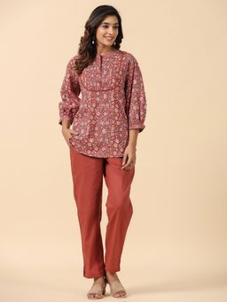 SAVI - Rust Cotton Printed Detailed Top with Pant (Set of 2)