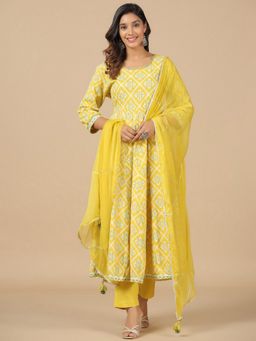 SAVI - Rayon Yellow Embellished Printed Anarkali Kurta & Pant with Dupatta (Set of 3)