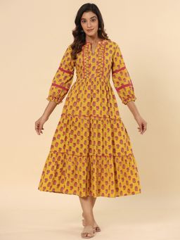 SAVI - Mustard Floral Printed Cotton Ethnic Tier Dress