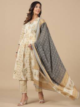 SAVI - Beige Printed Cotton Embellished Kurta & Pant with Dupatta (Set of 3)