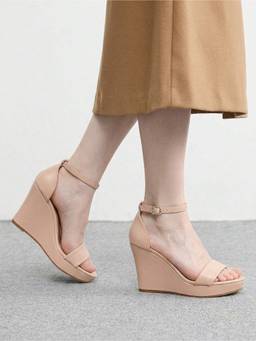 IRUSSH - Women Warm Almond Beige Sleek Ankle Wedges Heels