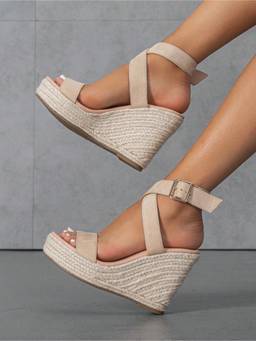 IRUSSH - Women Beige Neutral Cross-Strap Espadrille Wedges Heels
