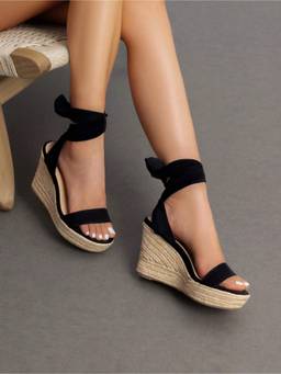 IRUSSH - Women Black Onyx Ribbon Tie Espadrille Wedges Heels