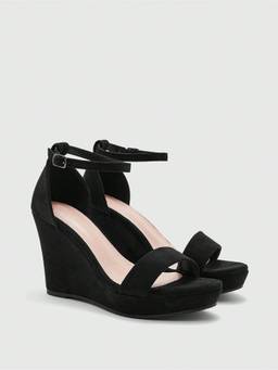 IRUSSH - Women Pitch Black Suede Covered Wedges Heels