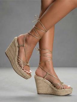 IRUSSH - Women Gold Lace-Up Knotted Espadrille Gladiators Heels