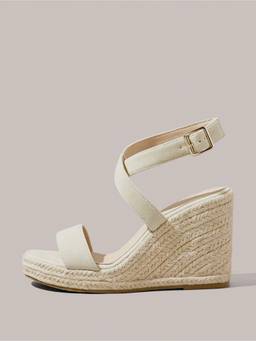 IRUSSH - Women Ecru Taupe Suede Crossover Espadrille Wedges Heels