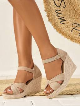 IRUSSH - Women Ecru Knotted Suede Espadrille Wedges Heels