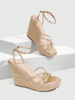 IRUSSH - Women Gilded Knot Strappy Espadrille Wedges Heels