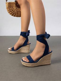 IRUSSH - Women Navy Blue Marine Bow Tie Espadrille Wedges Heels