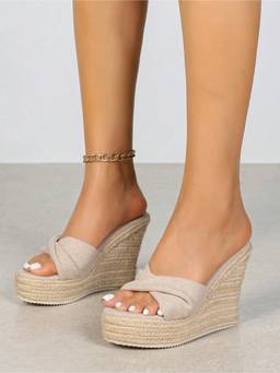 IRUSSH - Women Off White Twisted Slide Espadrille Wedges Heels