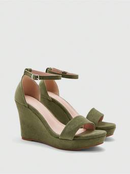 IRUSSH - Women Olive Suede Minimalist Platform Wedges Heels