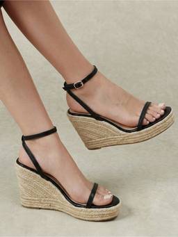 IRUSSH - Women Black Minimalist Two-Piece Espadrille Wedges Heels