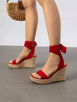 IRUSSH - Women Red Scarlet Ribbon Tie Espadrille Wedges Heels