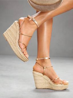 IRUSSH - Women Gold Strappy Espadrille Wedges Heels