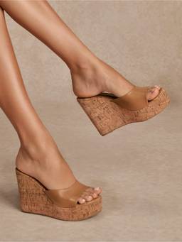 IRUSSH - Women Beige Slide-On Cork Platform Wedges Heels