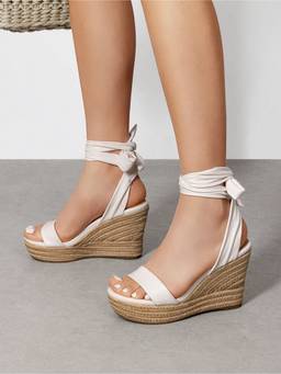IRUSSH - Women Off White Ribbon Tie Espadrille Wedges Heels