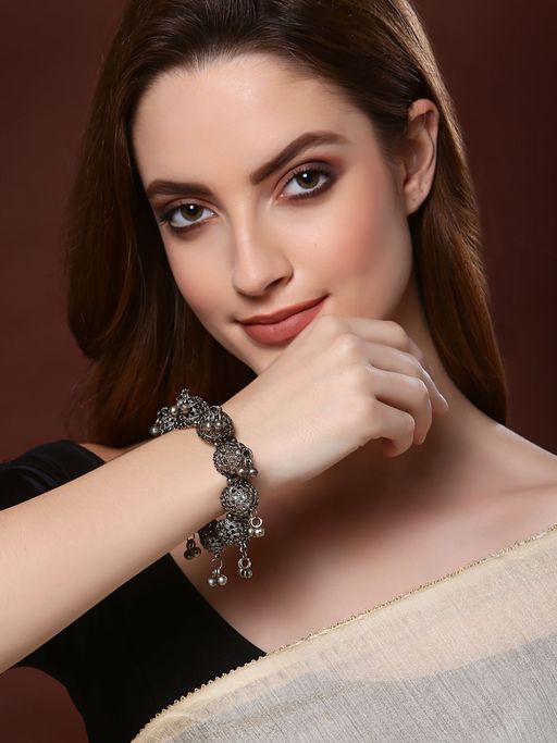 PANASH Oxidized Silver Toned Handcrafted Open Bangle