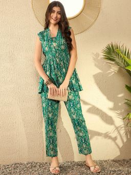 Vaamsi - Women Green Rayon Blend Ikat Printed Tunic and Pants (Set of 2)