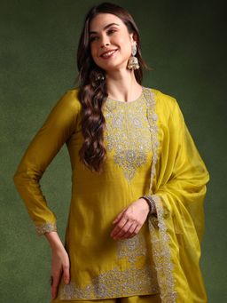 Vaamsi - Women Lime Green Silk Blend Embroidered Kurta Palazzo with Dupatta (Set of 3)