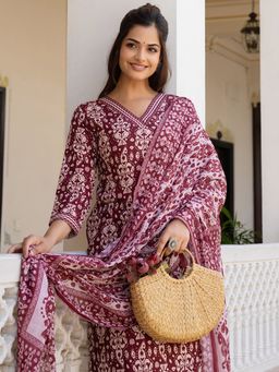 Vaamsi - Women Maroon Rayon Blend Ikat Straight Kurta and Pant with Dupatta (Set of 3)