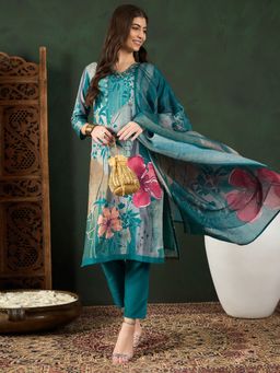 Vaamsi - Women Teal Silk Blend Floral Straight Kurta and Pant with Dupatta (Set of 3)