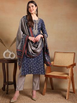 Vaamsi - Women Navy Blue Floral Kurta with Pant and Dupatta (Set of 3)