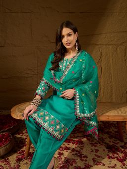Vaamsi - Aqua Silk Blend Solid Embroidered Straight Kurta with Dhoti and Dupatta (Set of 3)