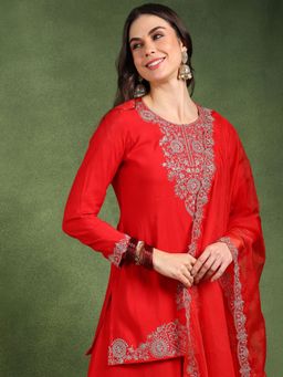 Vaamsi - Red Embroidered Kurti with Palazzo and Dupatta (Set of 3)
